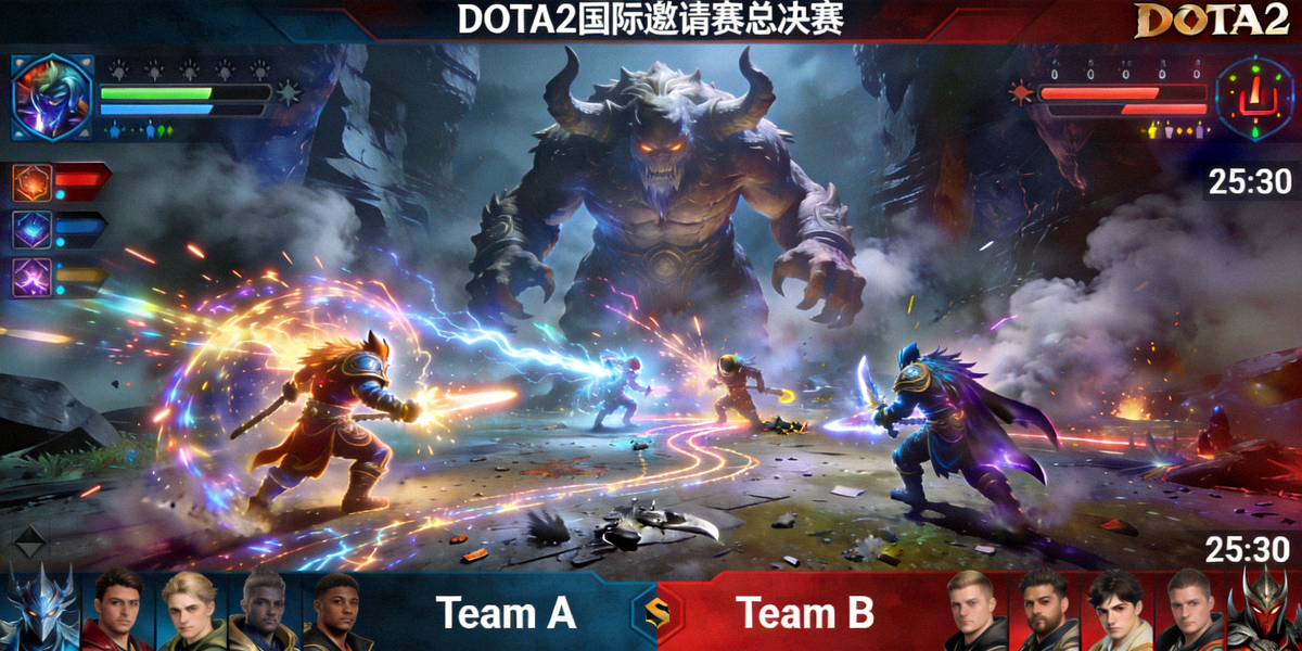 DOTA2国际邀请赛总决赛高清直播画面，双方战队在肉山巢穴前展开关键团战